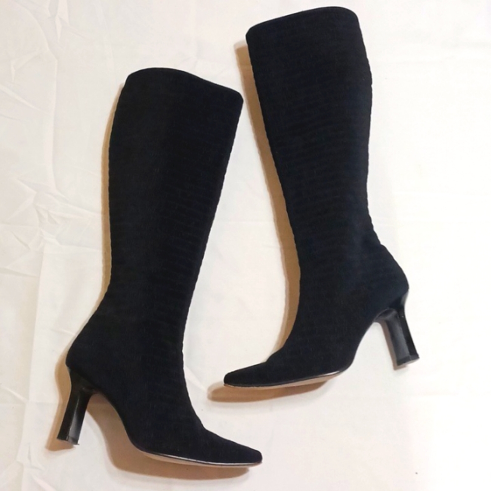 STUART WEITZMAN Black Textured Knee High Heeled Square Toe Boots Size 6
